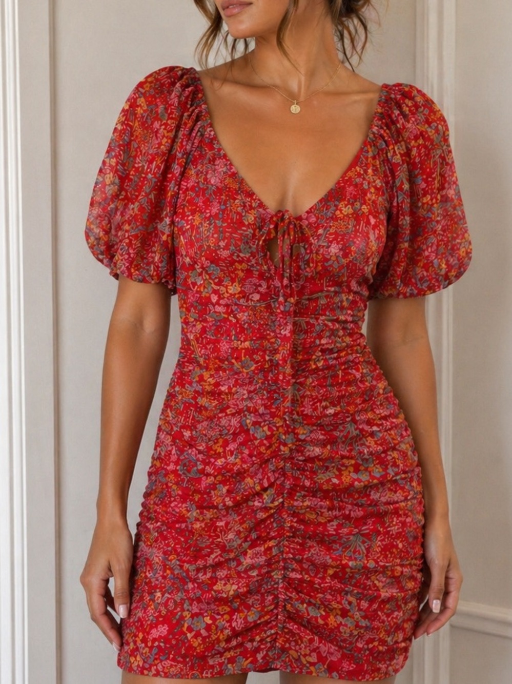 Sky To Moon Red Floral Puff-Sleeve Women's Dress Size Small